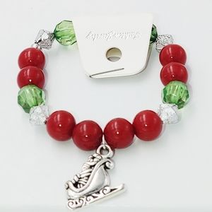 261C87. Red, Green Silver Bracelet with Sleigh Charm